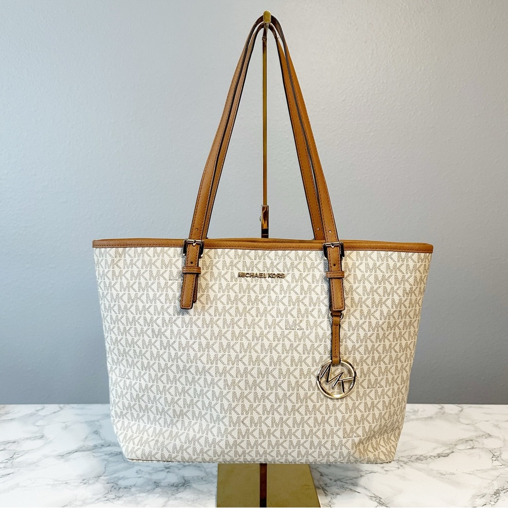 Michael Kors Vanilla Monogram Coated Leather Trim Tote Shoulder Bag EUC